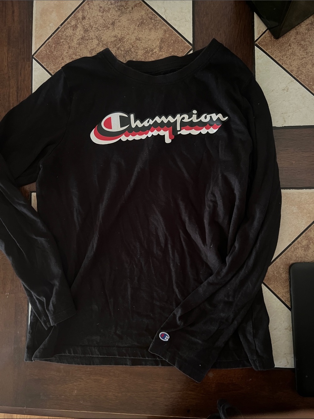 Champion Black Long Sleeve Tee with Red & White Logo
